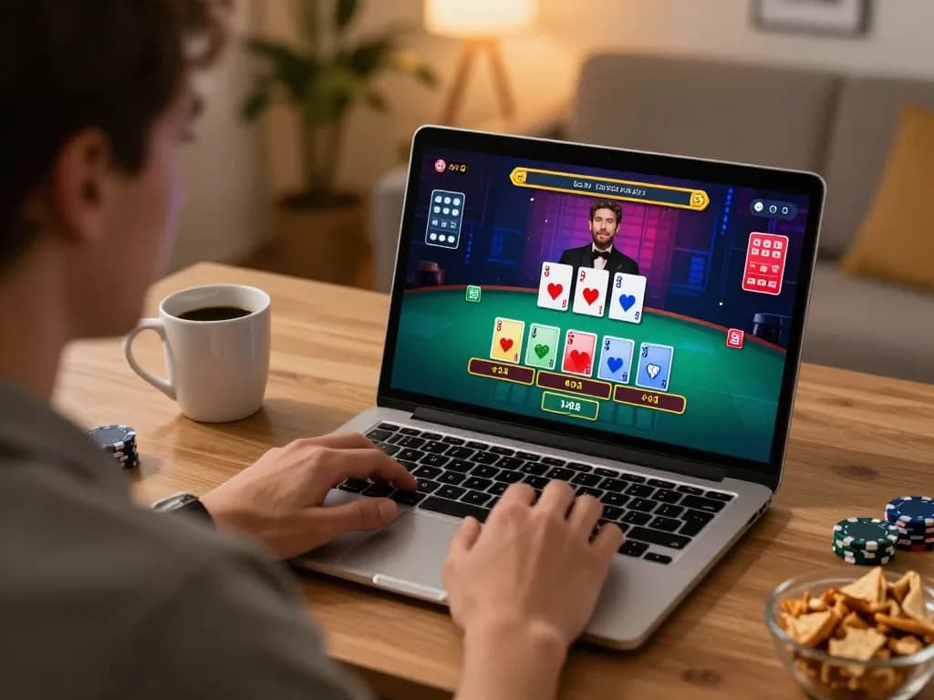 3Win player enjoying a live blackjack game on a laptop in a cozy home office.