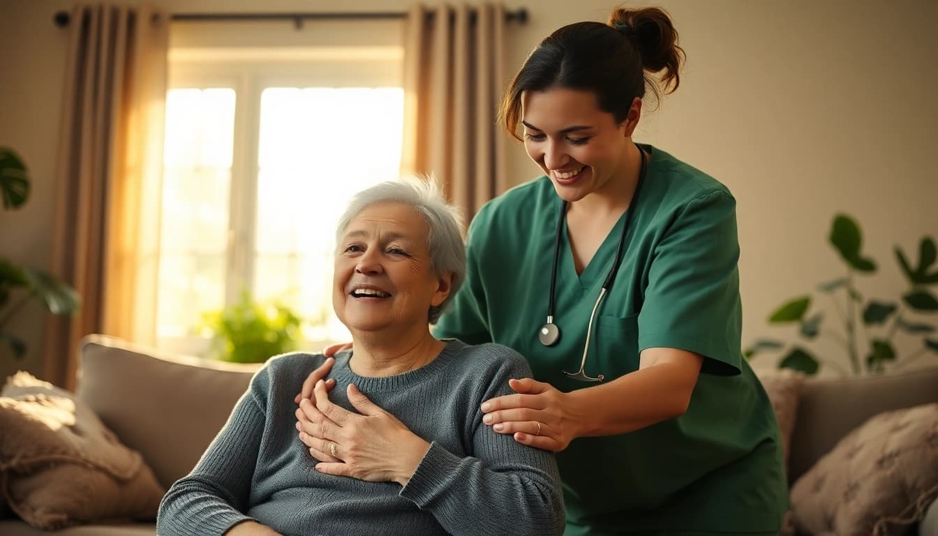 Caregiver providing senior home care austin in a warm living room, highlighting compassion and support.