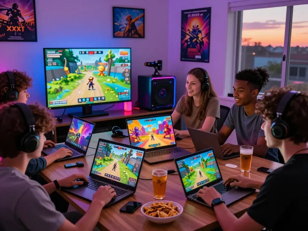 Friends playing xxx games in a vibrant gaming room, showcasing diverse gameplay on laptops and tablets.