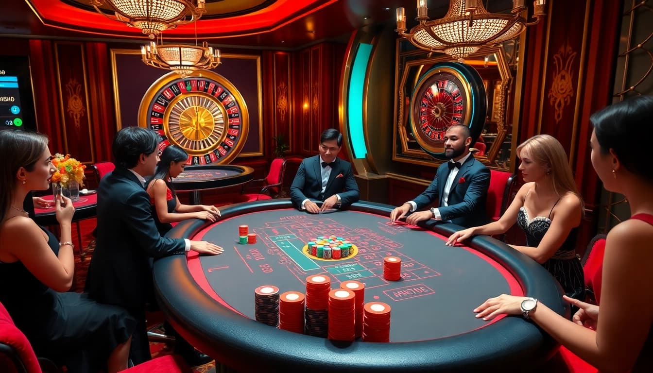 X88 casino players enjoying Baccarat with a vibrant atmosphere in a luxurious setting.