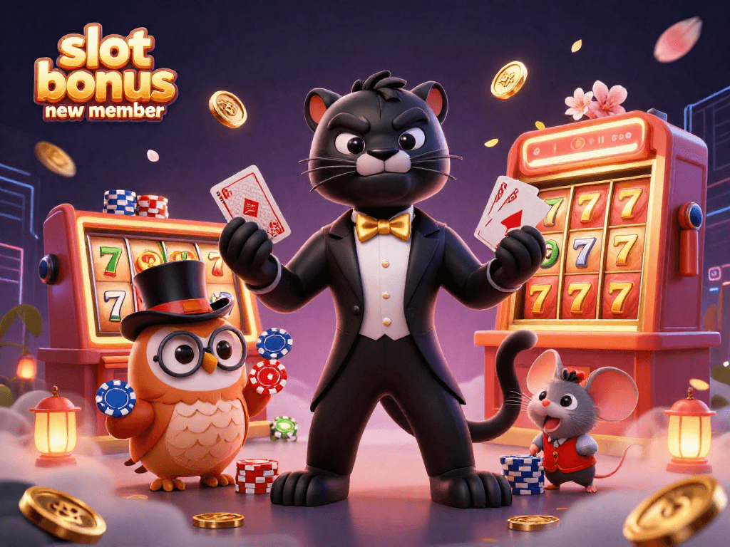 Experience excitement with slot bonus new member featuring engaging 3D characters and vibrant casino elements.