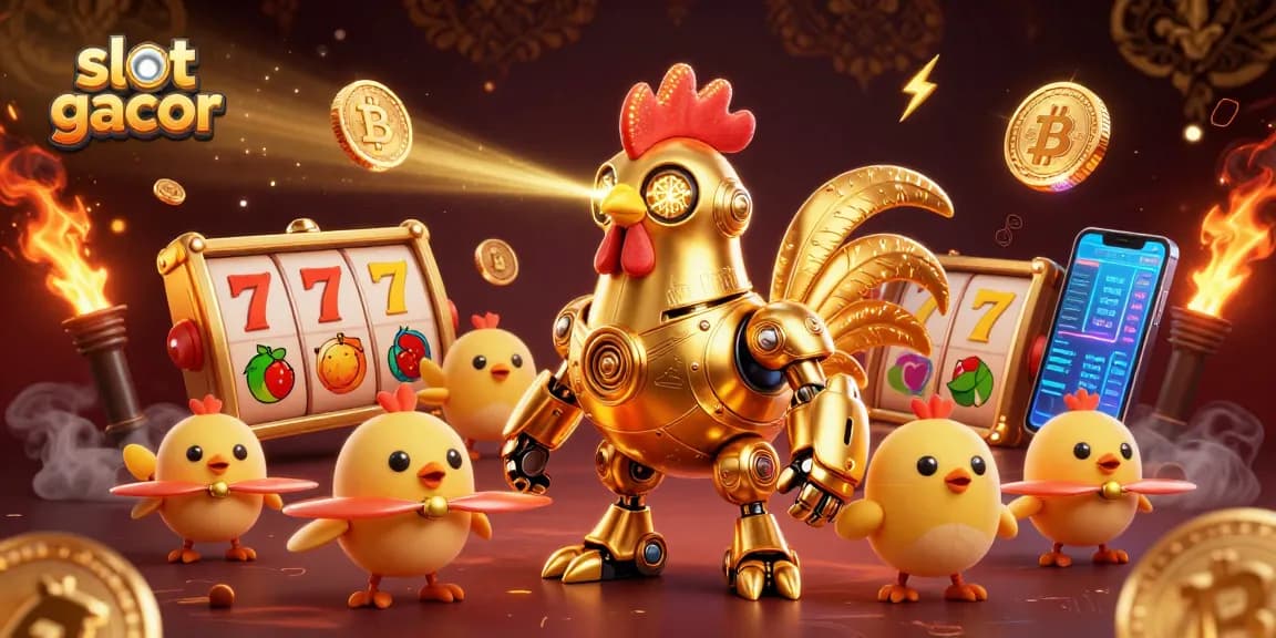 Experience slot gacor in vibrant 3D, showcasing a golden rooster robot and crypto elements.