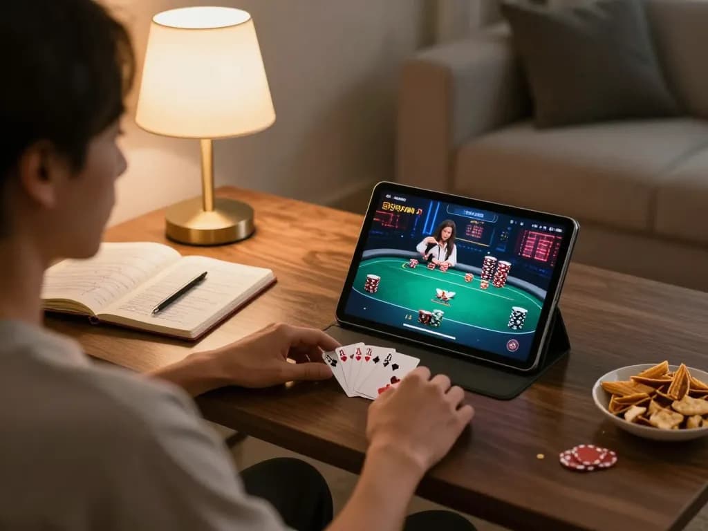 Engaging poker gameplay on mu88 in a cozy home setting with strategic notes and snacks