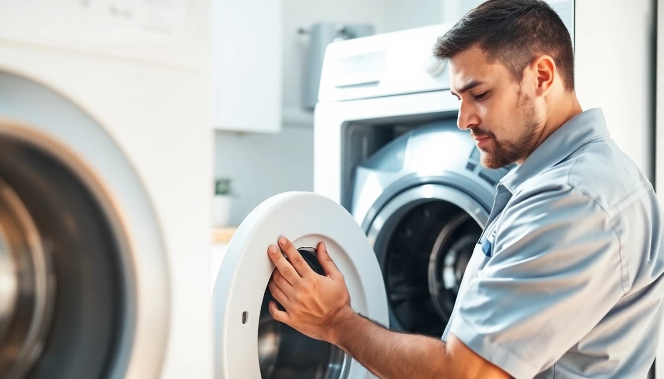 Technician performing efficient appliance repair ottawa on a washing machine in a modern kitchen.