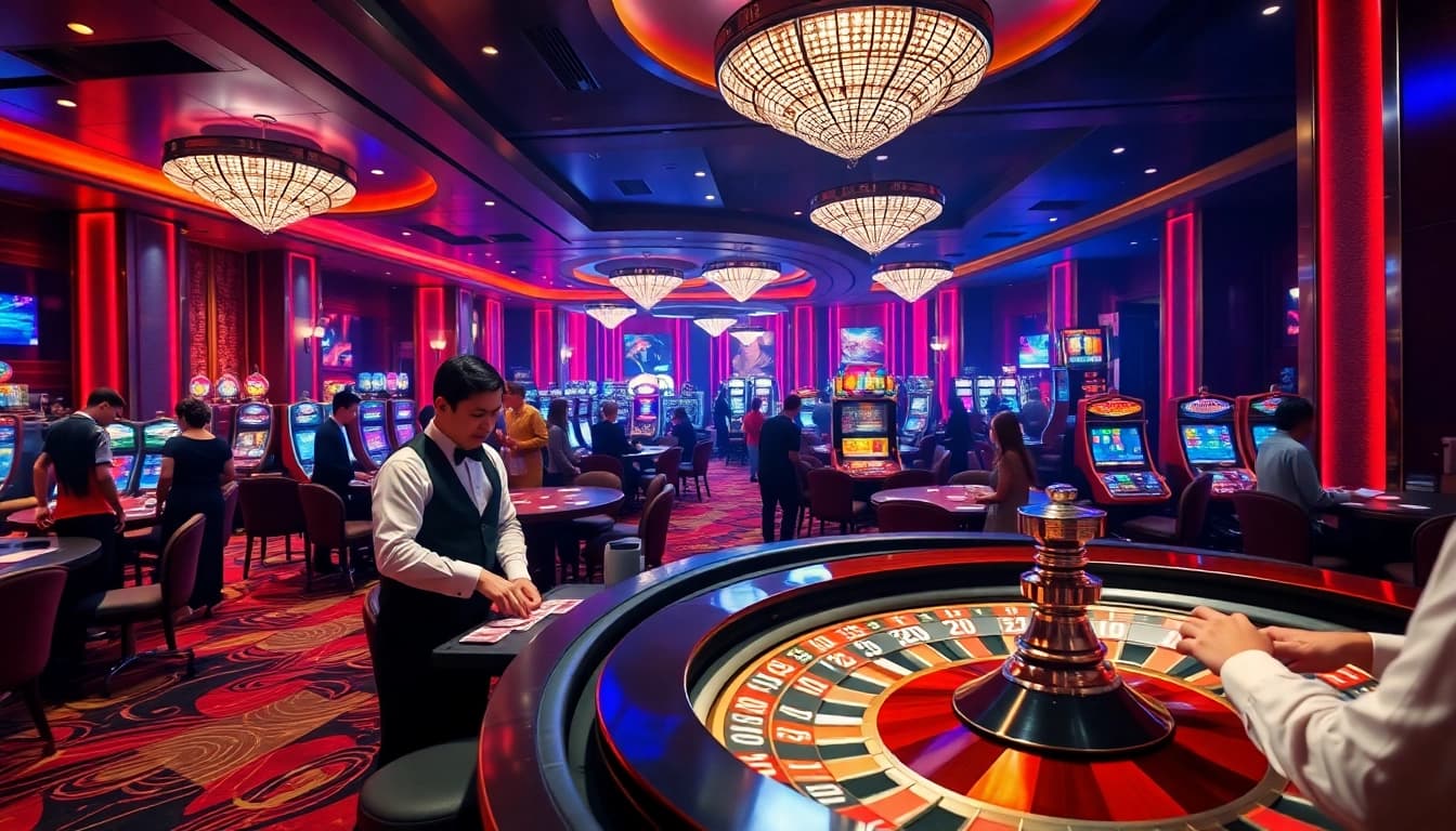 Engaging casino atmosphere showcasing DN88 gaming with professional dealers and excited players.