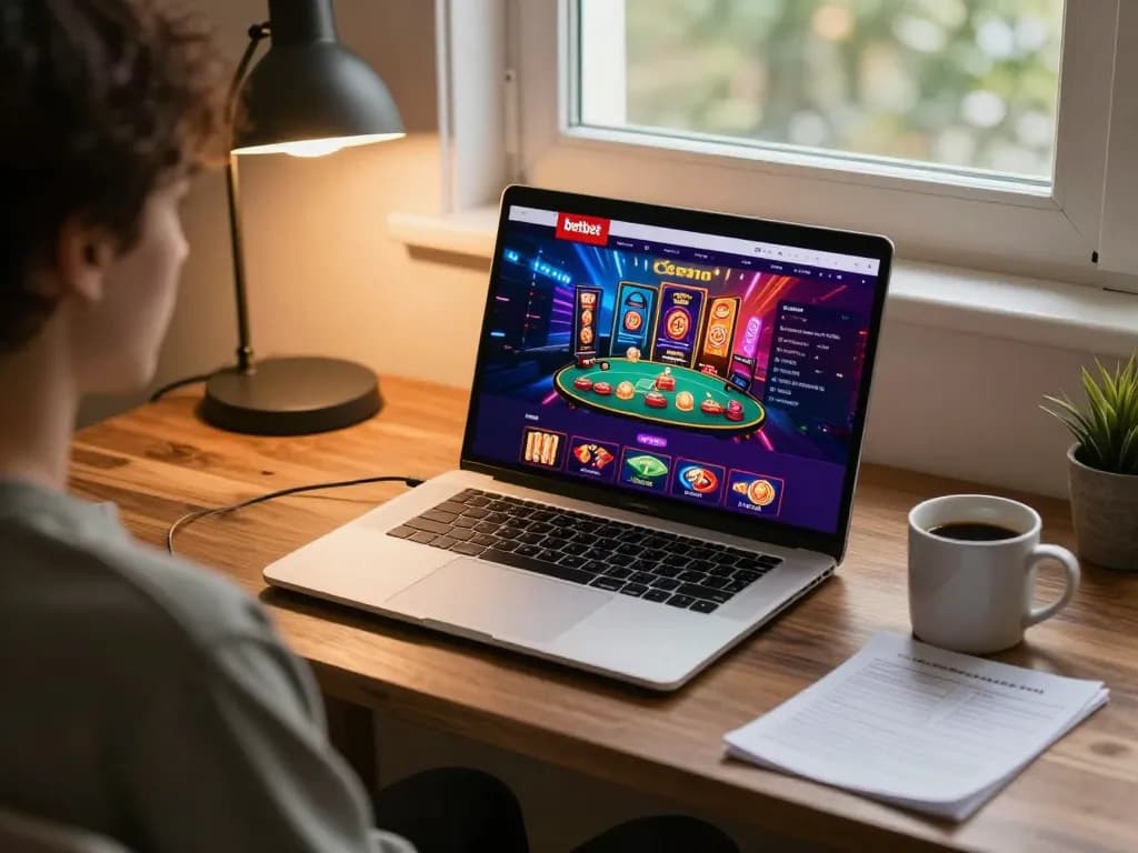Experience exciting gameplay at betbet with a cozy online casino setup, laptop displaying vibrant games, and strategic notes.