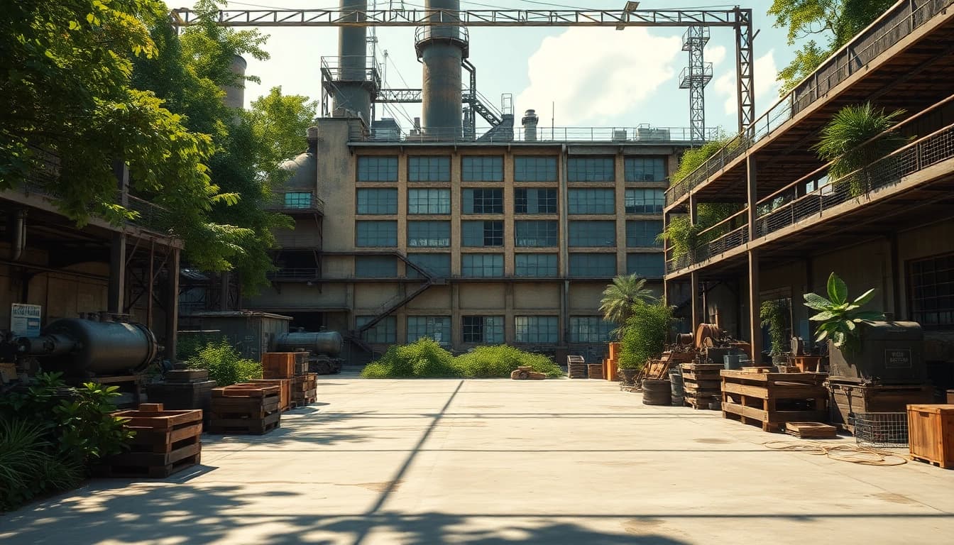 Old Knows Factory highlights its industrial charm surrounded by nature, showcasing machinery and urban features.