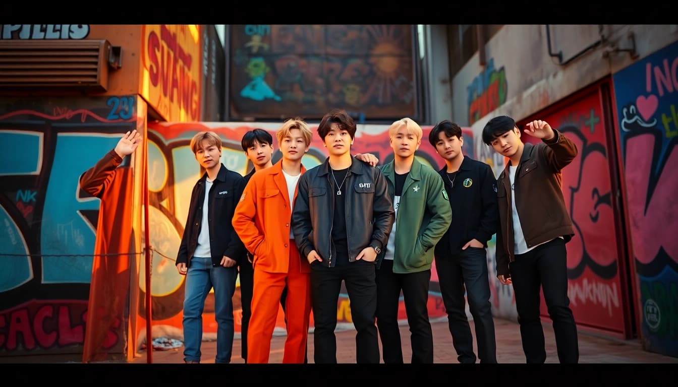 BTS members posing together, showcasing their individual styles and camaraderie in a vibrant urban setting.
