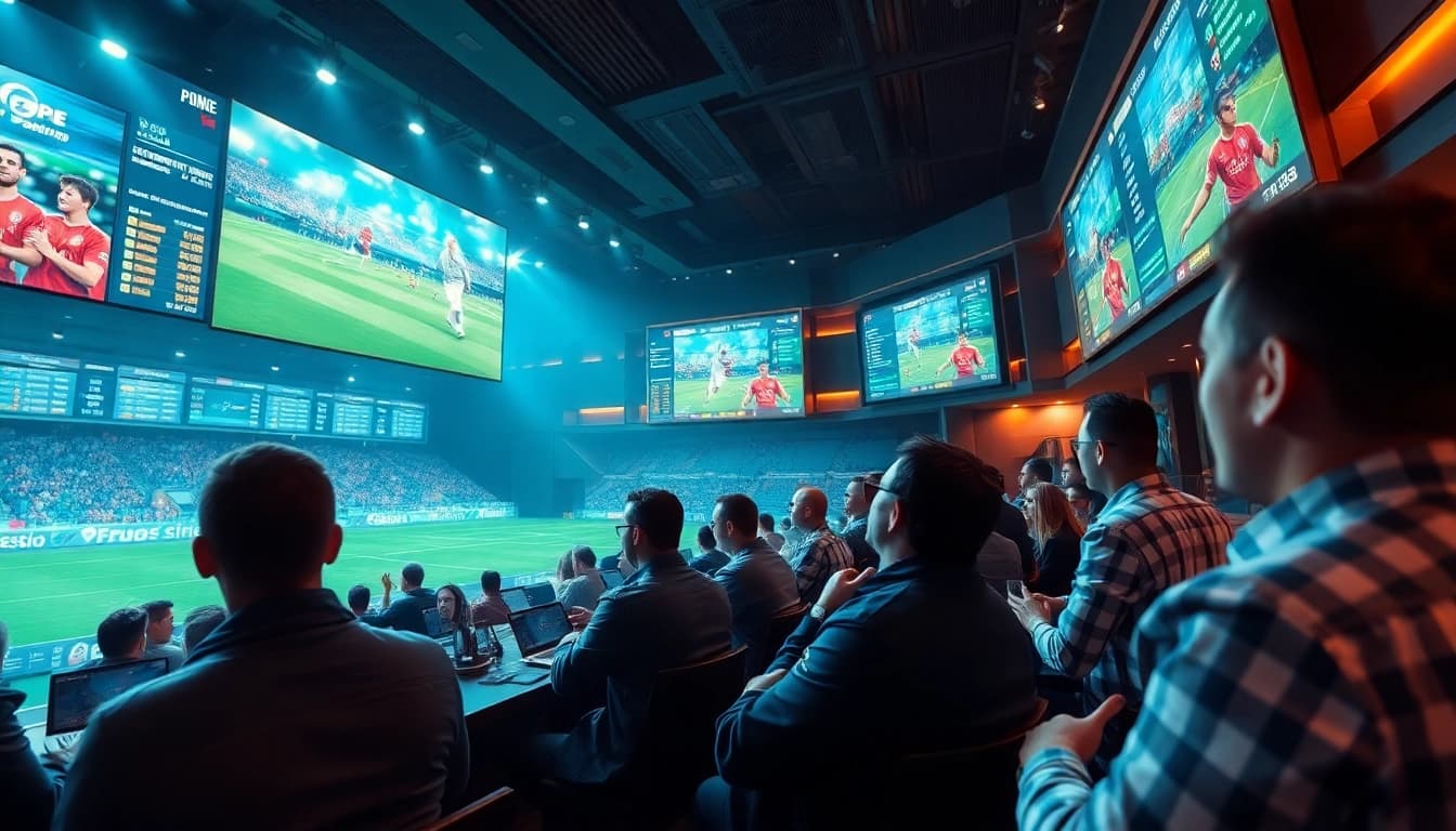 Football betting lounge showcasing real-time tỷ lệ kèo and enthusiastic fans during live matches.