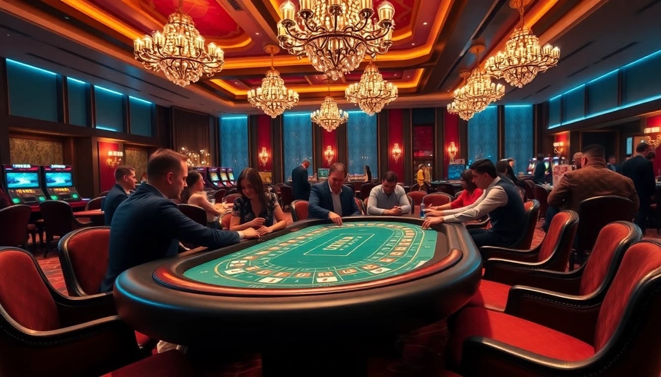Online casino spielen in einem eleganten Casino mit aufregenden Spielern am Tisch.
