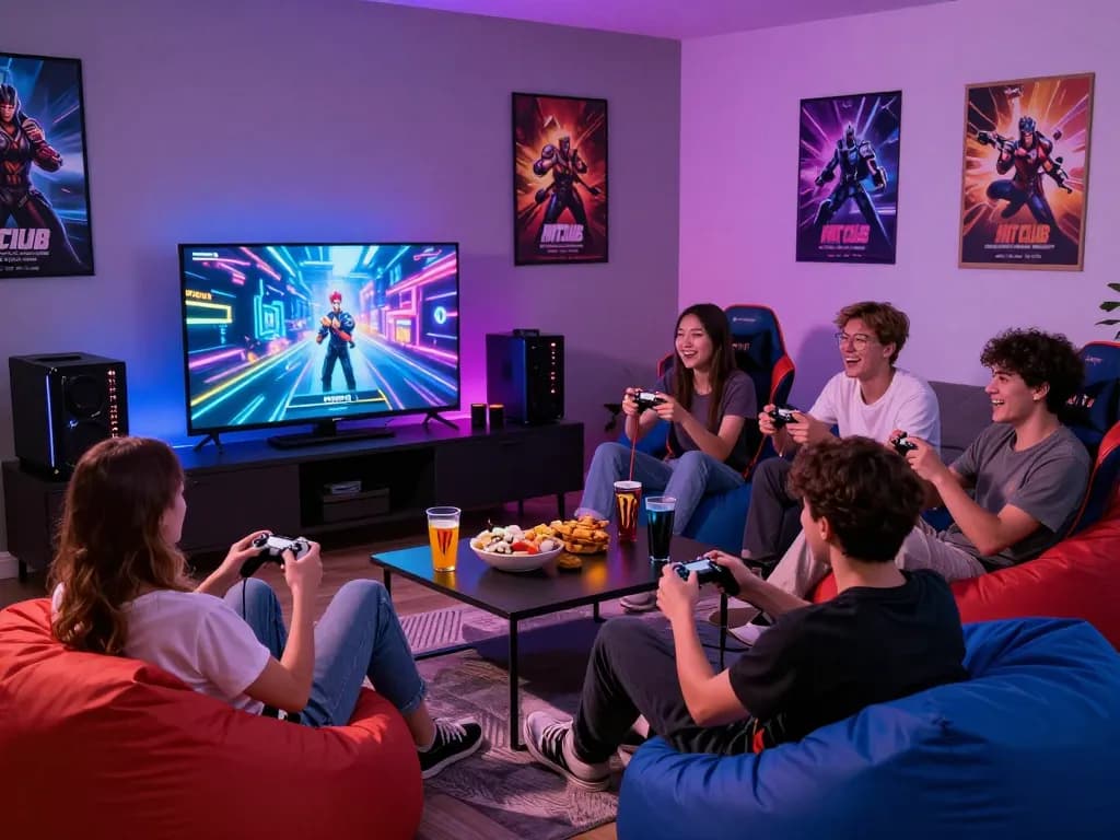 Exciting gamer's gathering at home on Hitclub with vibrant details and gaming atmosphere.