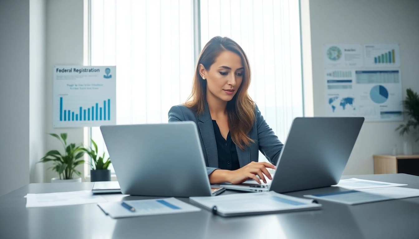 Understand the process of Registration and certification in Federal databases with a focused businesswoman analyzing data.