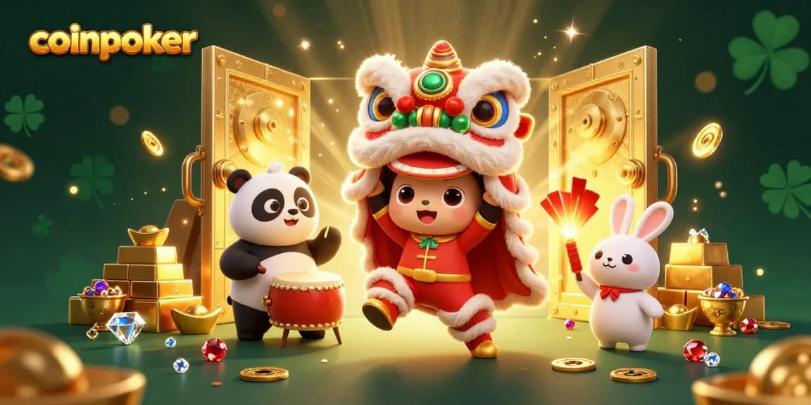 Découvrez la magie de CoinPoker avec des personnages de danse du lion, entourés de trésors et de jeux excitants.