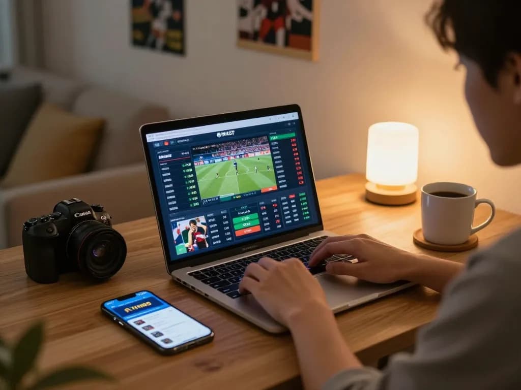 Engaging scene of a player using the NHÀ CÁI VIN88 app for online sports betting at home, depicting strategic gameplay.