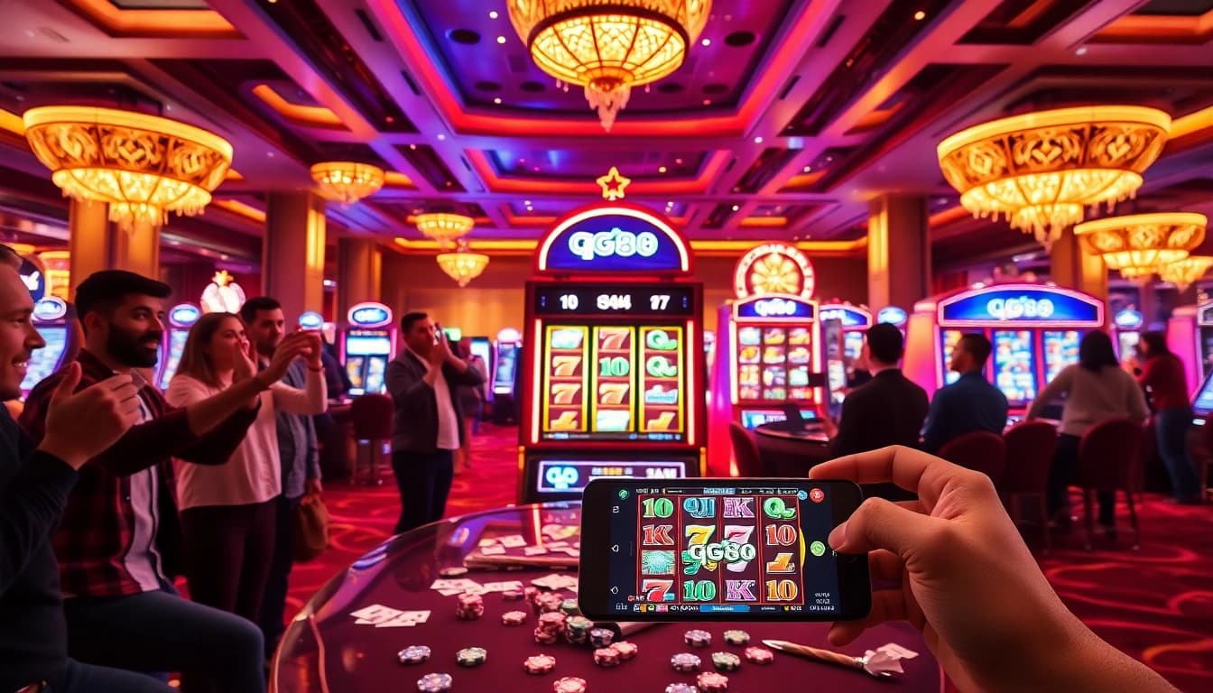 Excited players engaging with the gg88 slot machine in a luxurious casino setting.