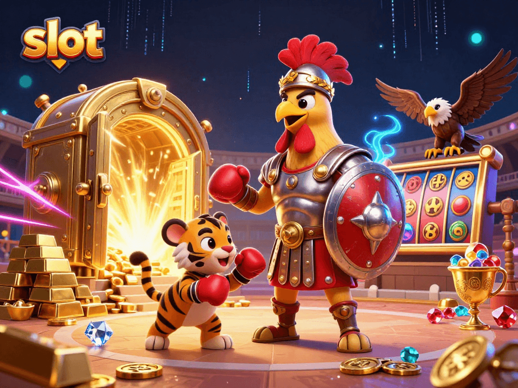 Engage with the thrilling slot scene featuring an armored rooster, gold treasures, and vibrant reels.