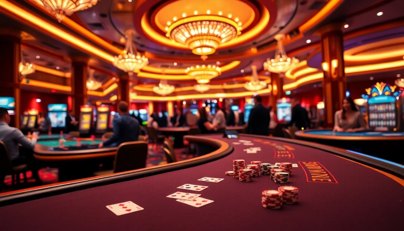 Engaging visual showcasing casino bonuses with lively gaming atmosphere and vibrant decor.