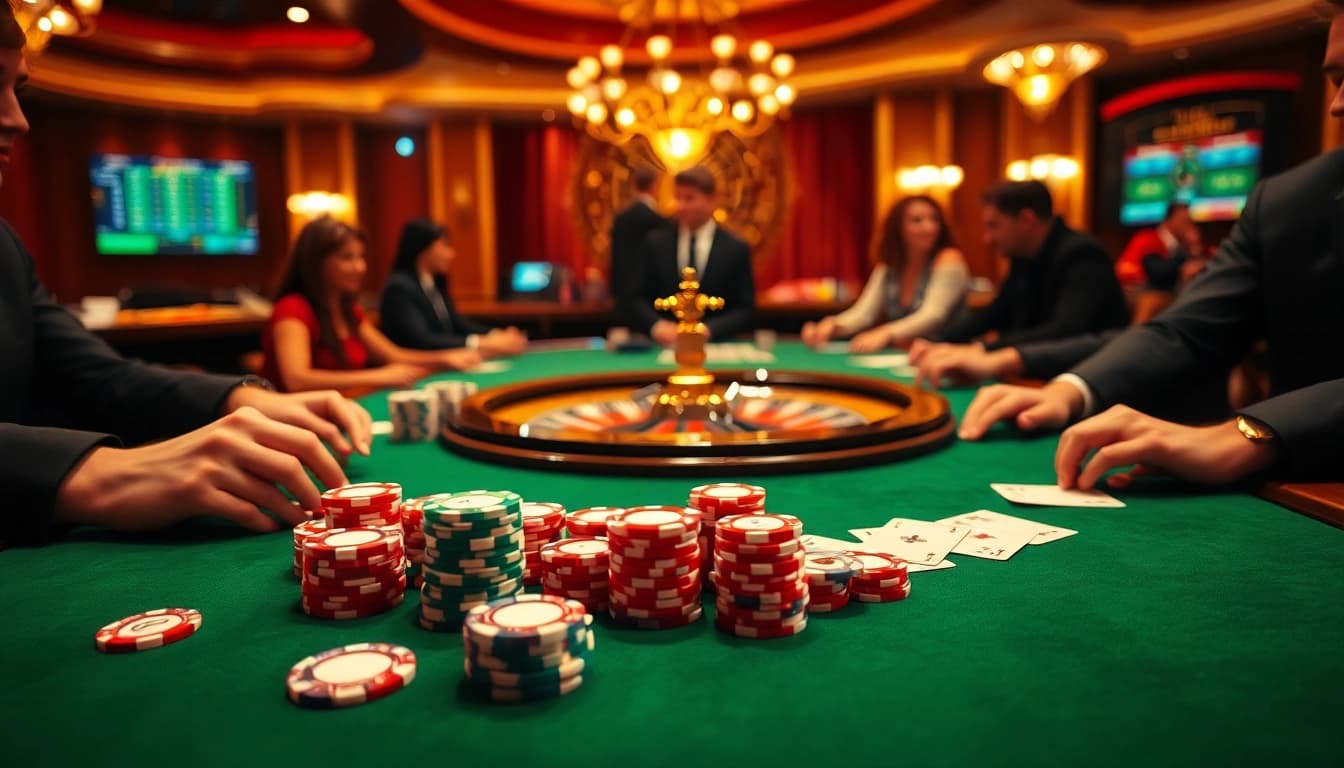 Intense poker action at a table featuring 555win1.it.com betting chips and cards
