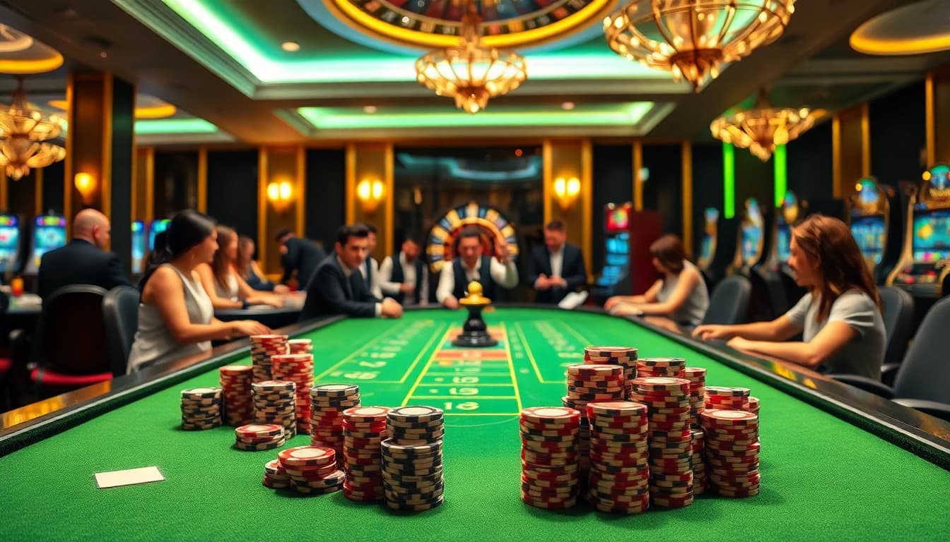Experience the excitement of Trang chủ pg66 with a vibrant casino scene featuring engaged players and luxurious gaming elements.