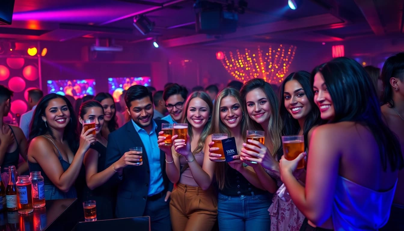 Vibrant club atmosphere showing diverse people using Club21ids for a night out.
