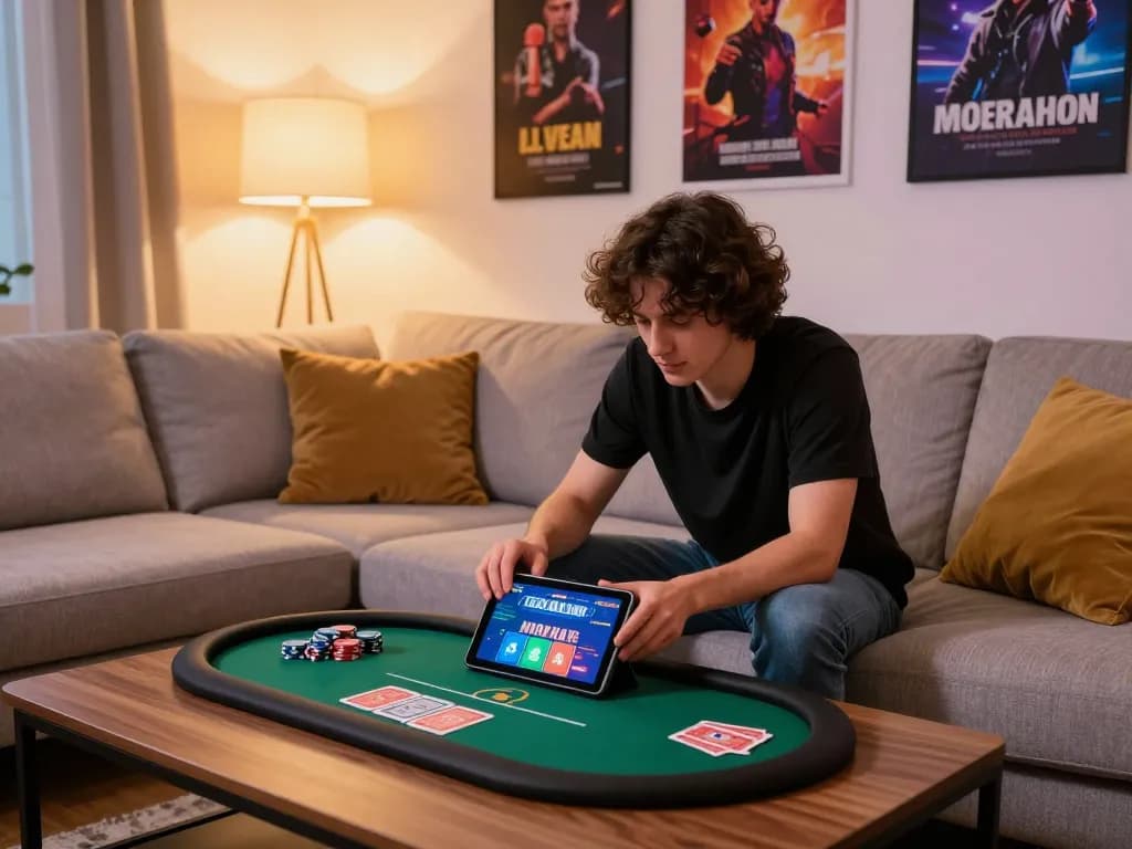 Engaging with online poker game, showcasing tr88 strategy in a cozy home gaming setup