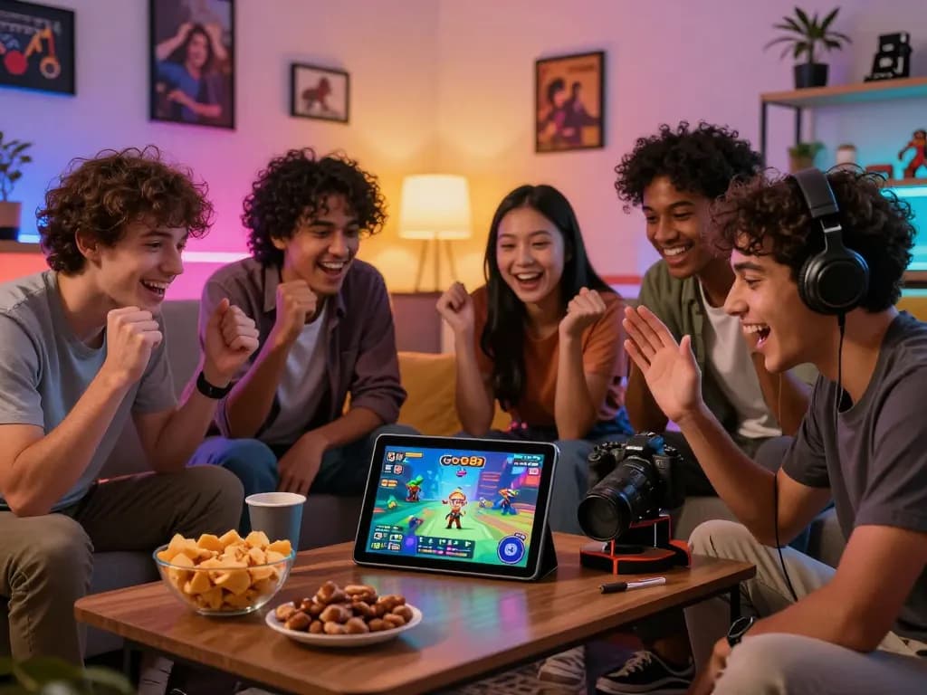 A lively group enjoying Go88 online gaming experience together, showcasing excitement and camaraderie.