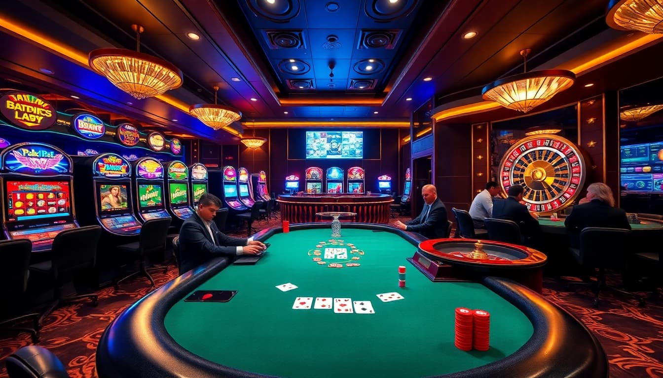 Players engaging in high-stakes poker at nhà cái bj66, capturing the thrill and luxury of casino gaming.
