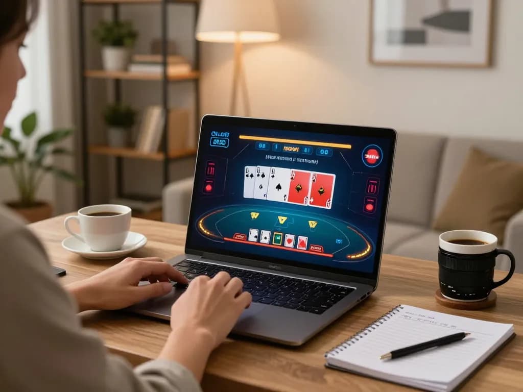 Play poker on dn88's online platform with a stylish home office setup, showcasing the live dealer interface.