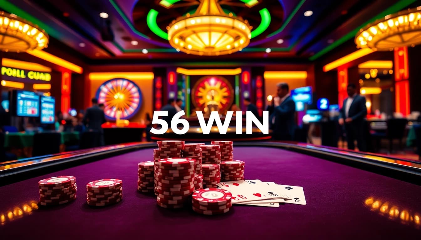 Exciting casino scene with a poker table and 56WIN branding visible amidst vibrant lights.