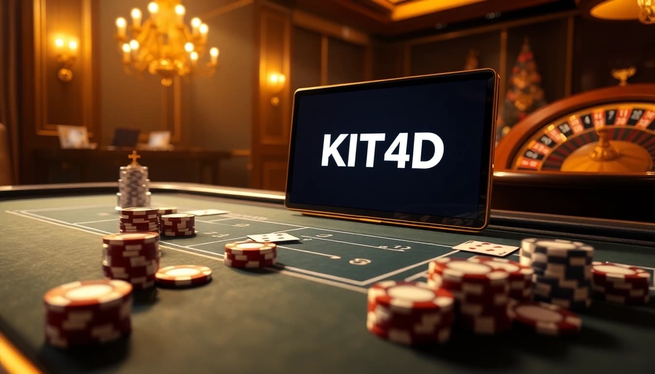Rasakan kegembiraan KIT4D dengan suasana kasino mewah yang menampilkan chip poker dan elemen permainan yang berwarna-warni.