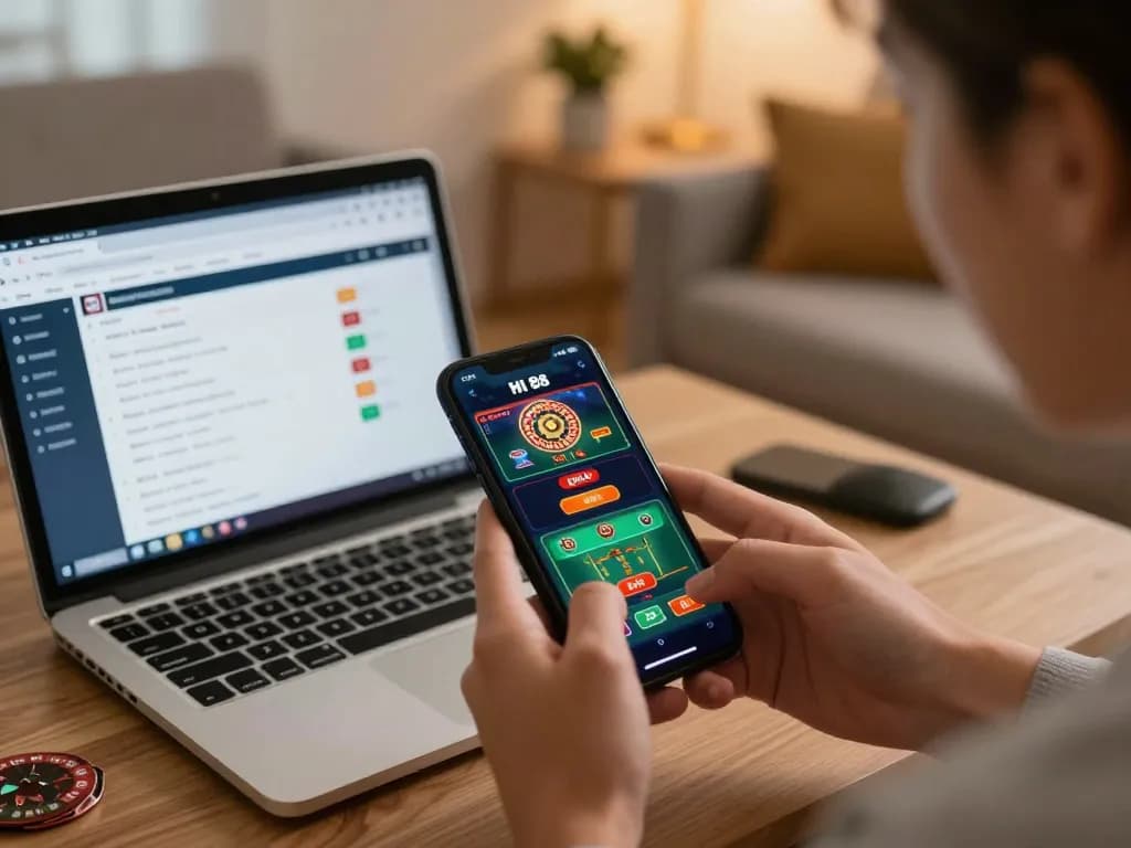 Engaging with the HI 88 casino app, enjoying live dealer games in a cozy living room setting.