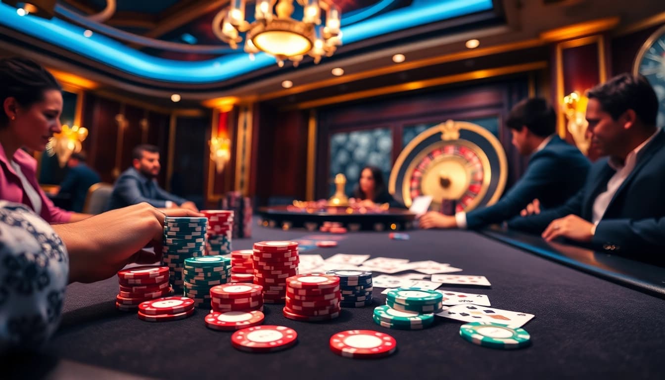 Seorang pemain mengambil langkah tegas di meja idn poker, menunjukkan chip berwarna cerah dan suasana kasino yang mewah.