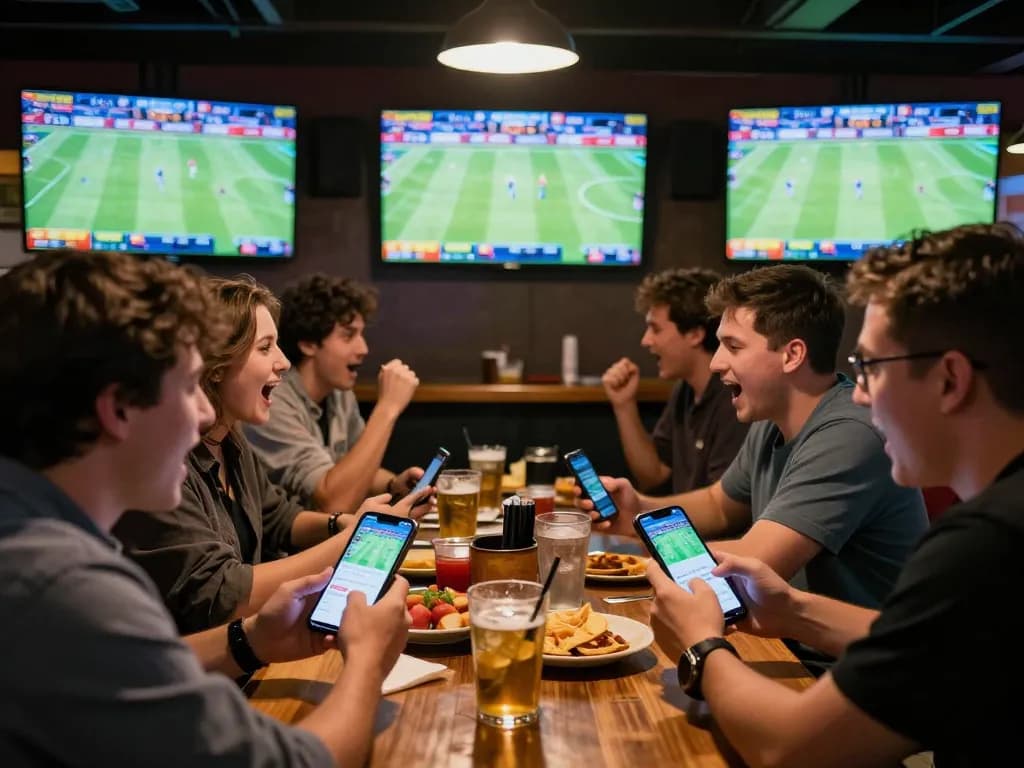 Sports betting at KQBD, with patrons engaged in real-time betting using smartphones in a lively environment