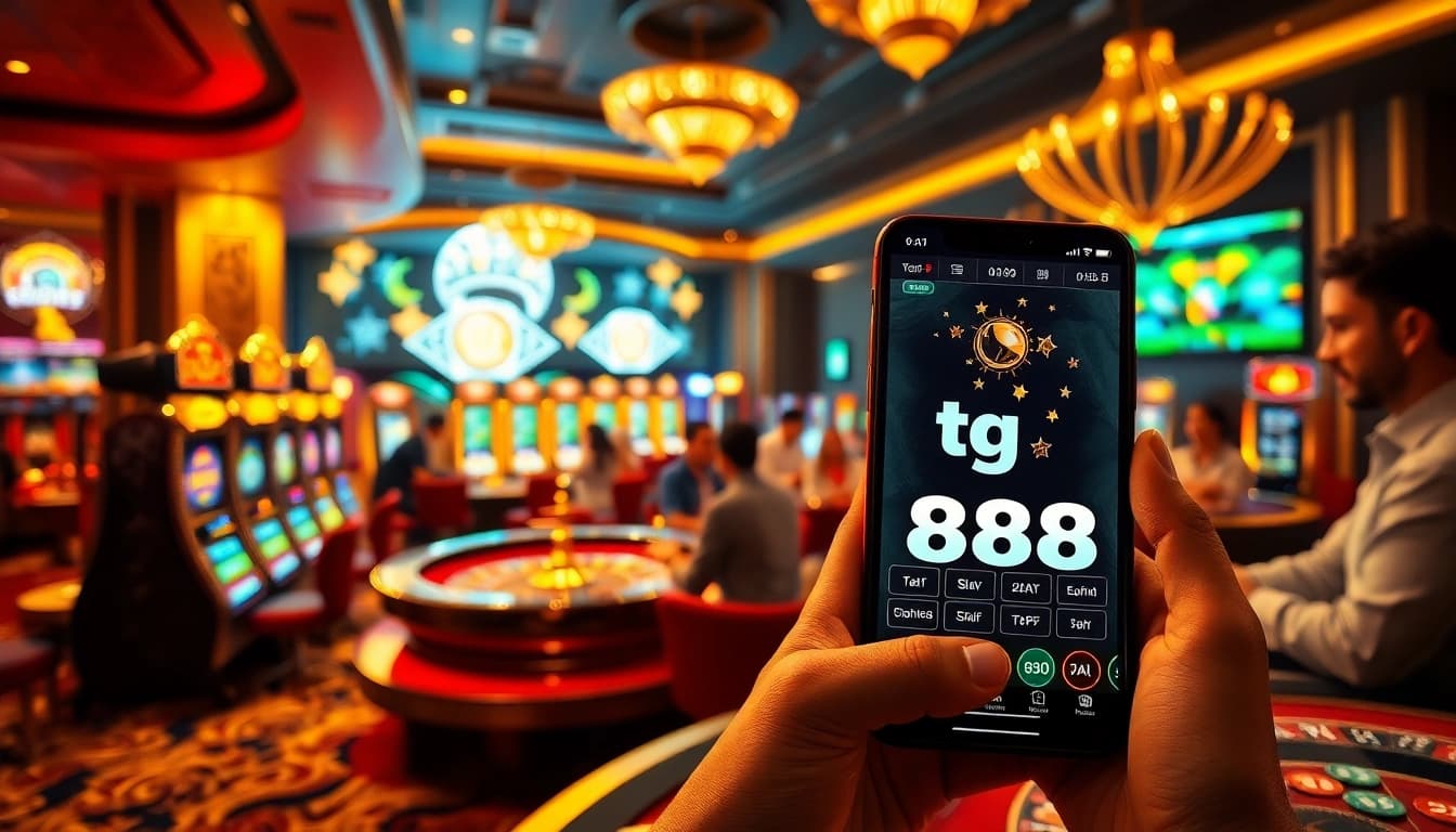 Engaging scene of players enjoying tg 88 slot machines and poker tables in a dazzling casino.