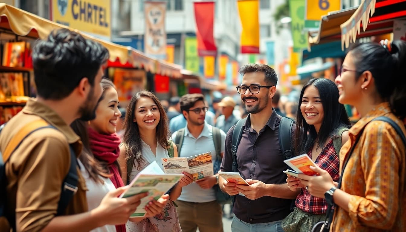 Engaging travelers at a lively marketplace showcasing products related to https://travelingossip.com.