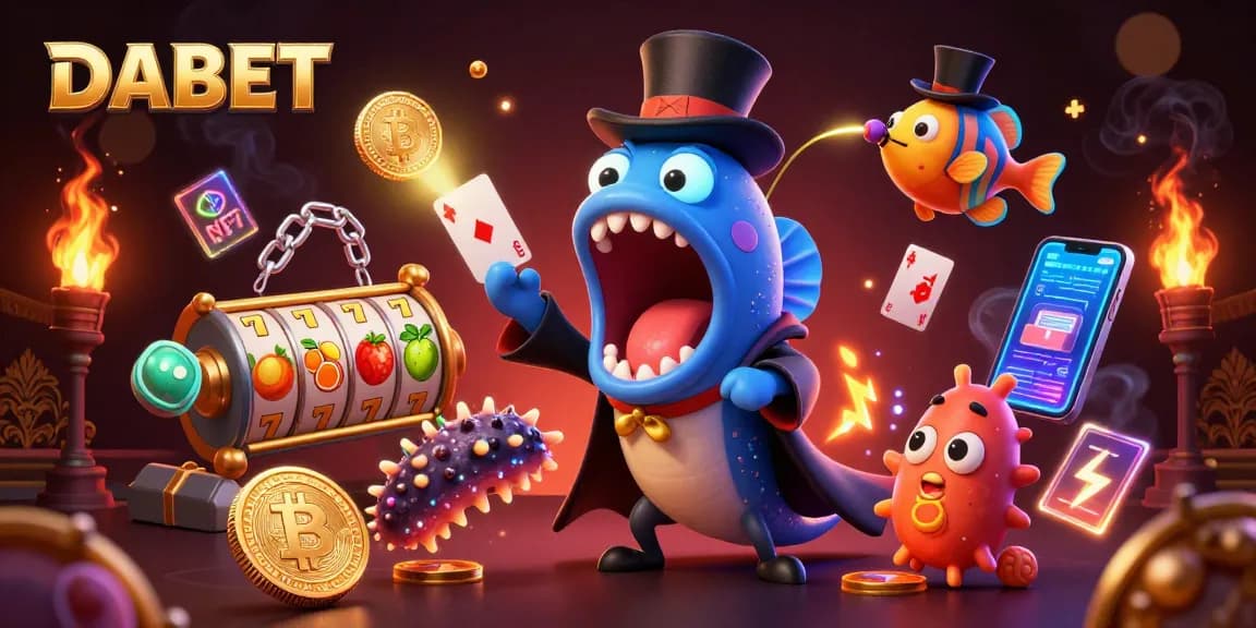 DABET showcases a vibrant underwater-themed casino scene with a magical deep-sea eel and glowing crypto elements.