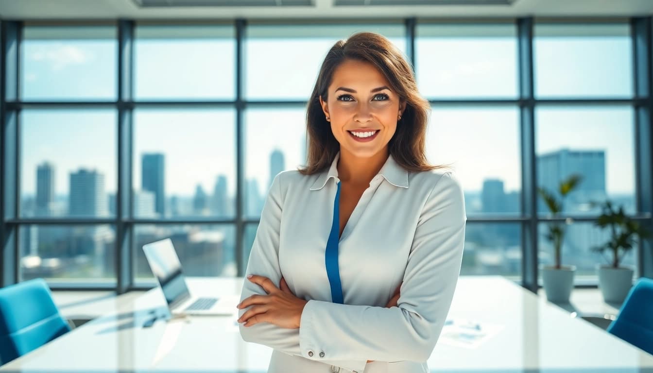 Promote real estate expertise with a confident agent in a modern office setting.
