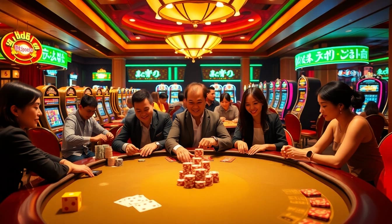 Players enjoying thrilling games at Dominoqiu's casino tables with vibrant poker chips.