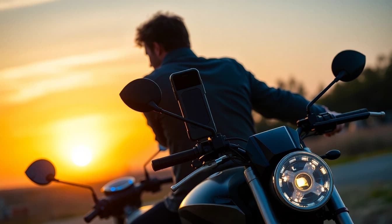 Découvrez le support pour téléphone portable motopaco installé sur une moto, alliant style et fonctionnalité.