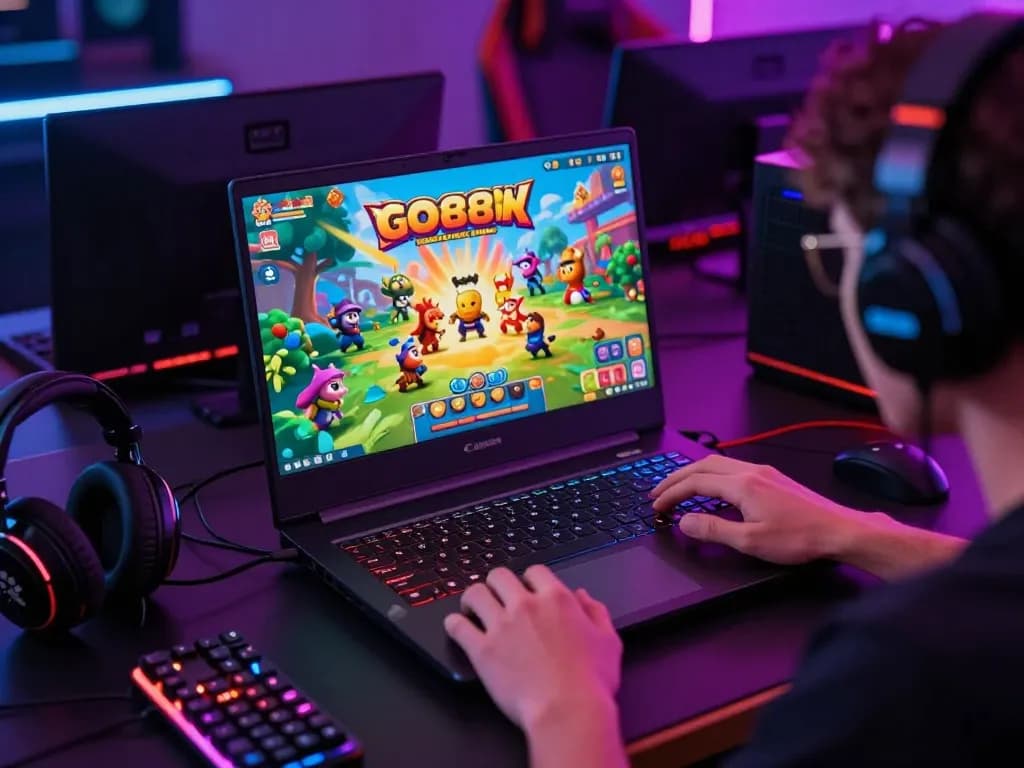 Engaged player downloading tải game go88 on sleek gaming laptop, with vibrant game interface and neon lighting.
