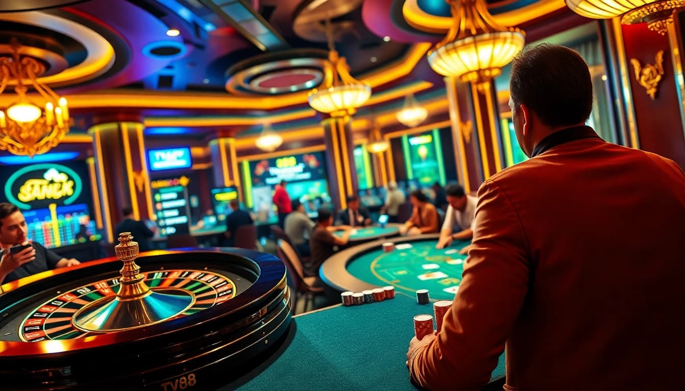 Experience high-stakes excitement with TV88 at a vibrant poker table and roulette wheel.