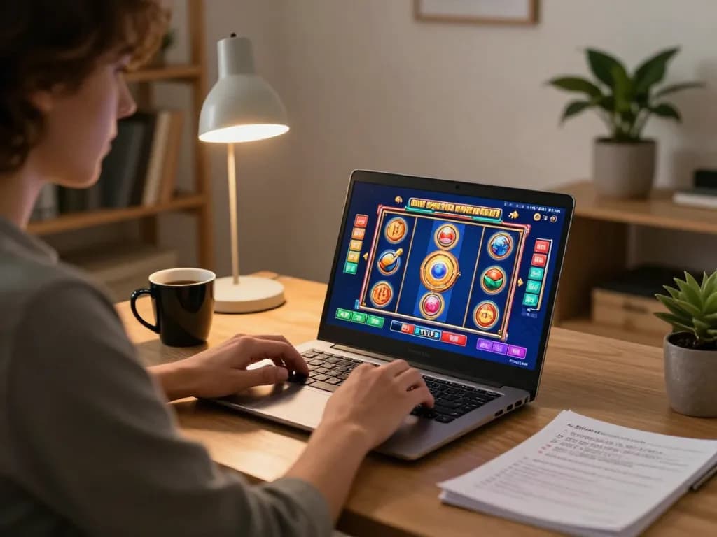 Engaging in gojekpot online slot gaming at home with cozy atmosphere and strategy notes.