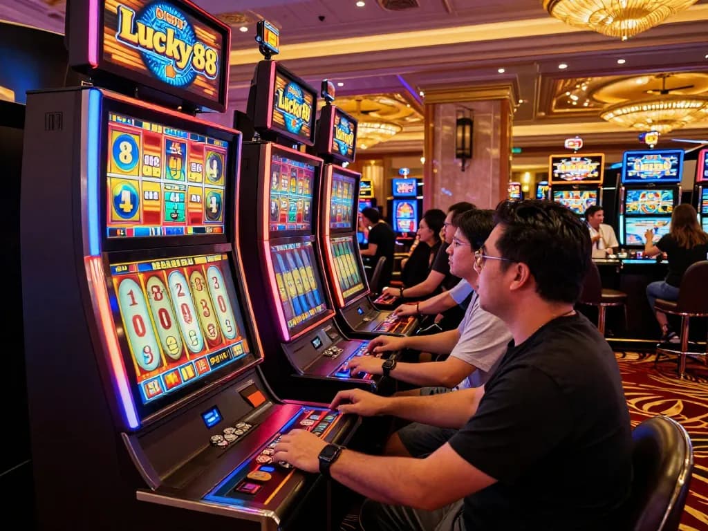 Players at the Lucky 88 slot machine, vibrant casino atmosphere with excitement captured at https://lucky88.tips/