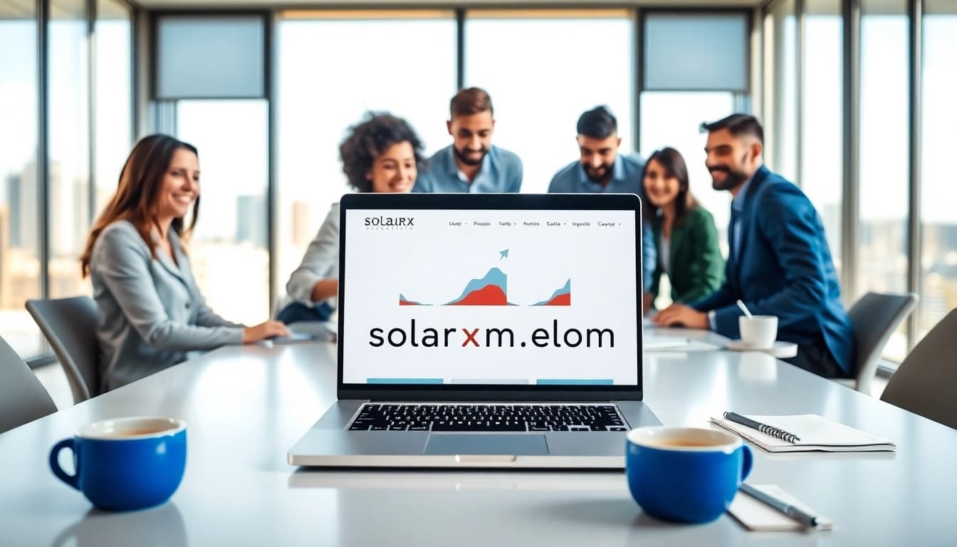 Team brainstorming ideas for https://solarxmedia.com with a modern office backdrop.