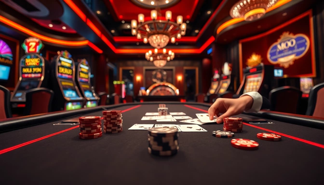 A thrilling MMOO casino scene showcasing an elegant poker table with vibrant chips and cards.