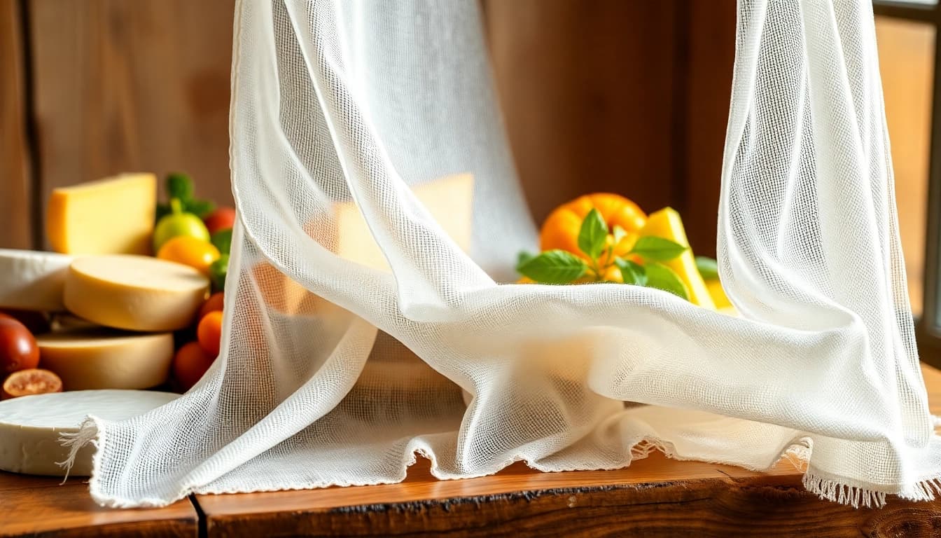 Kaasdoek bedekt een houten tafel met artisanal kazen en fruit.