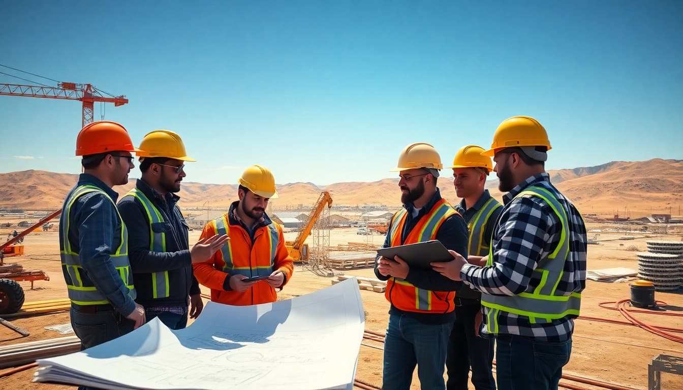 Construction association Colorado teamwork on a job site with blueprints and equipment.