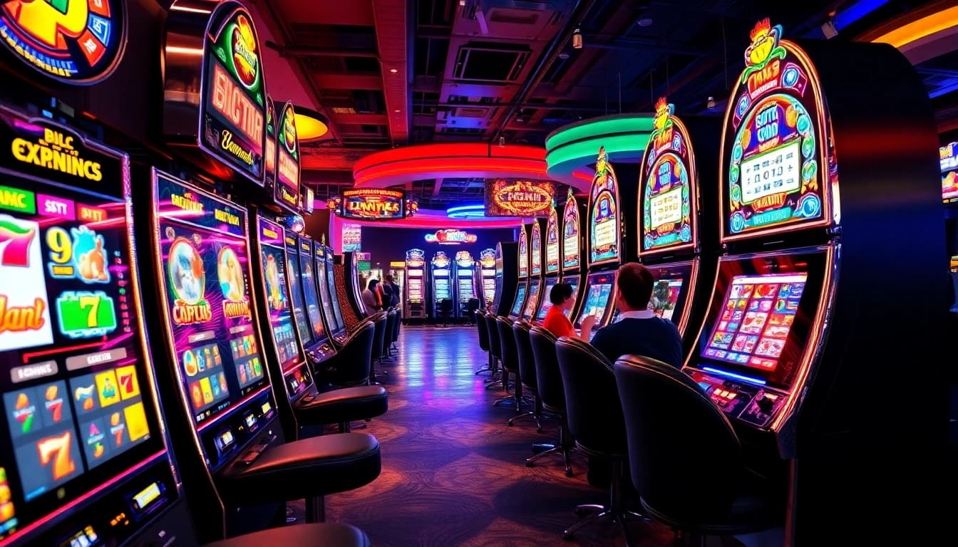 Menampilkan slot88 dengan mesin slot berwarna-warni yang menggoda di kasino yang bersemangat.