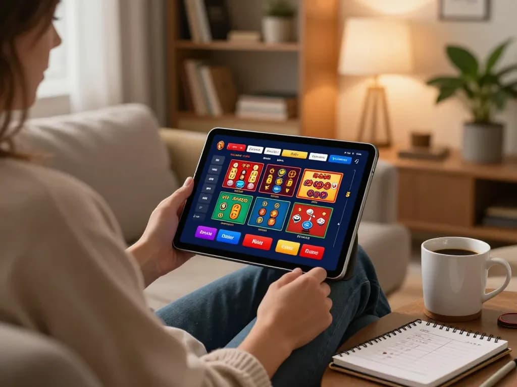 Engaging RR88 online gaming setup with warm lighting, showcasing a player using a tablet for casino games.