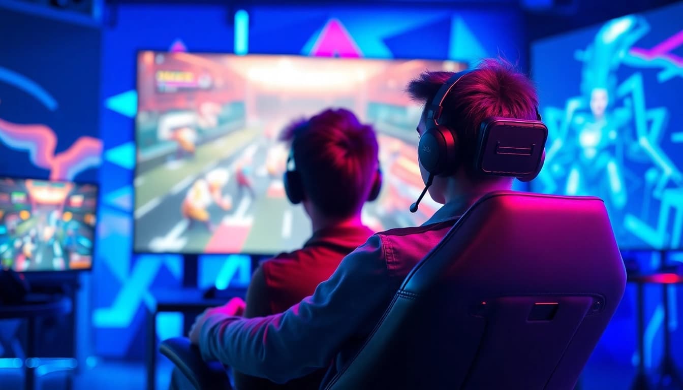 Engaged gamer at https://www.mas4games.com surrounded by a vibrant eSports gameplay environment.